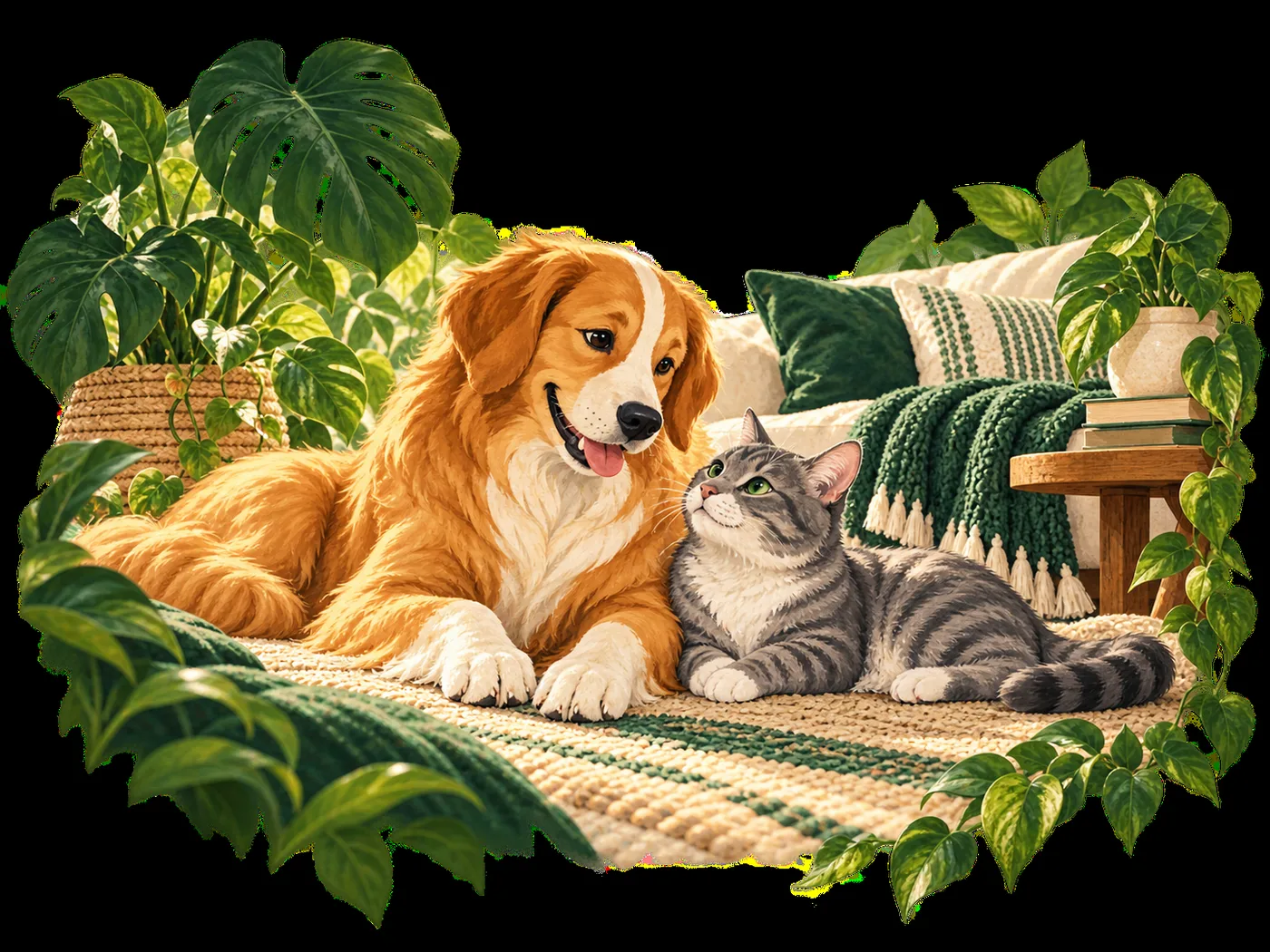 Golden retriever and gray tabby relaxing together among houseplants
